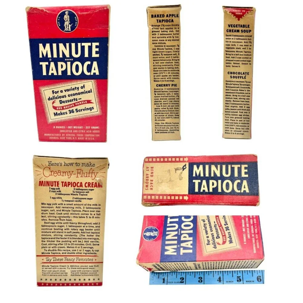 Set Of 5 Vintage Collectible Tins and Boxes Starch Tapioca Baking Powder Mustard